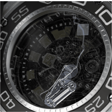 Close-up van het uurwerk van een Citizen-horloge, met ingewikkelde details en tandwielen.