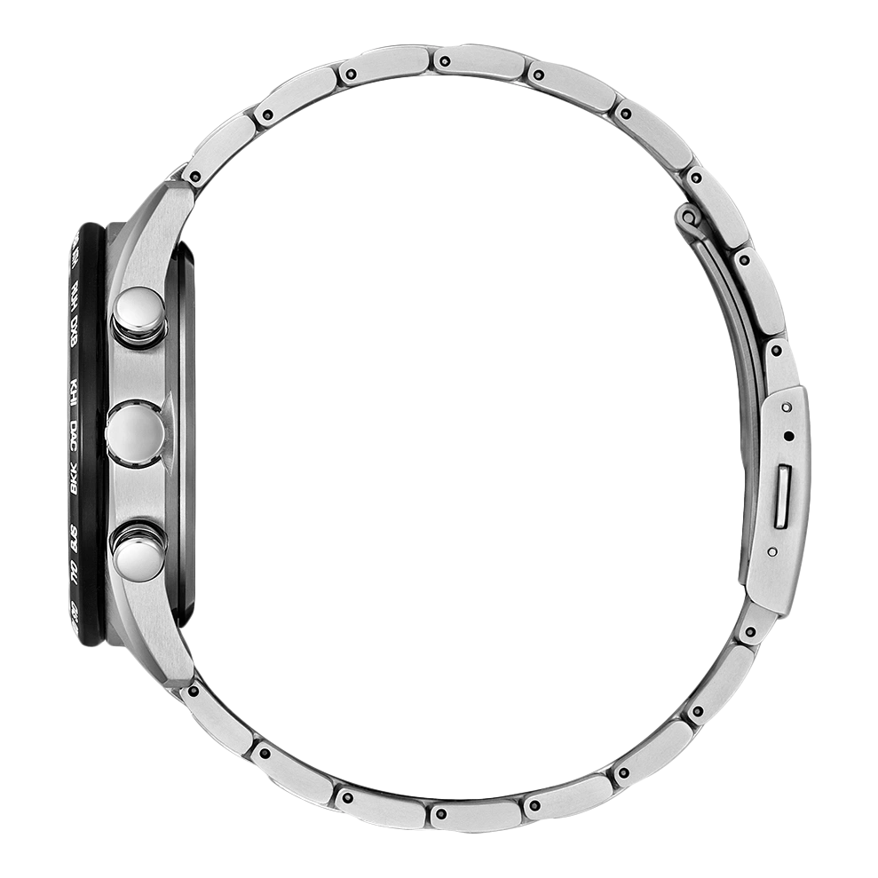Zilveren horloge met zwarte wijzerplaat en metalen band, zijaanzicht.