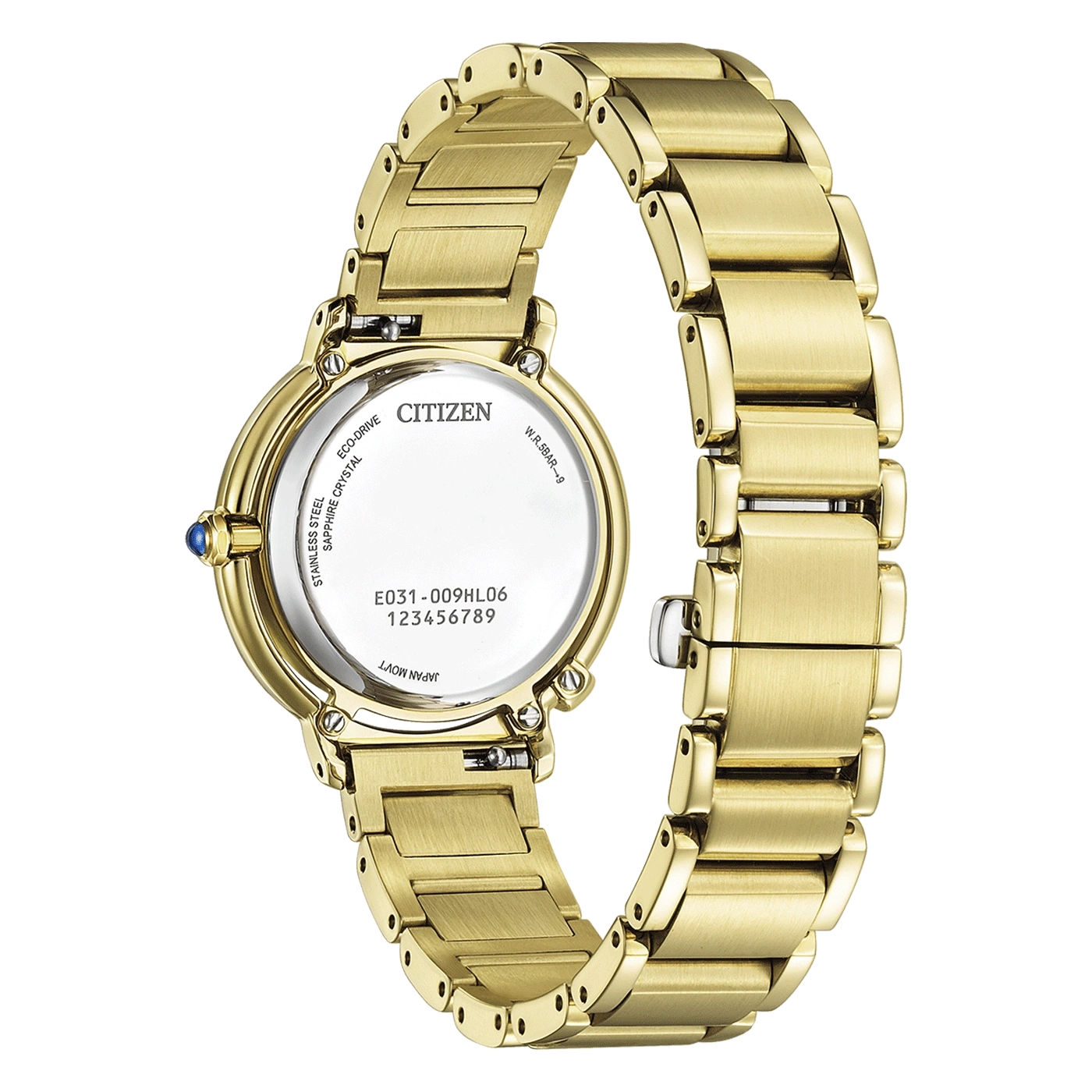 Gouden Citizen horloge met roestvrijstalen achterkant en saffierkristal.