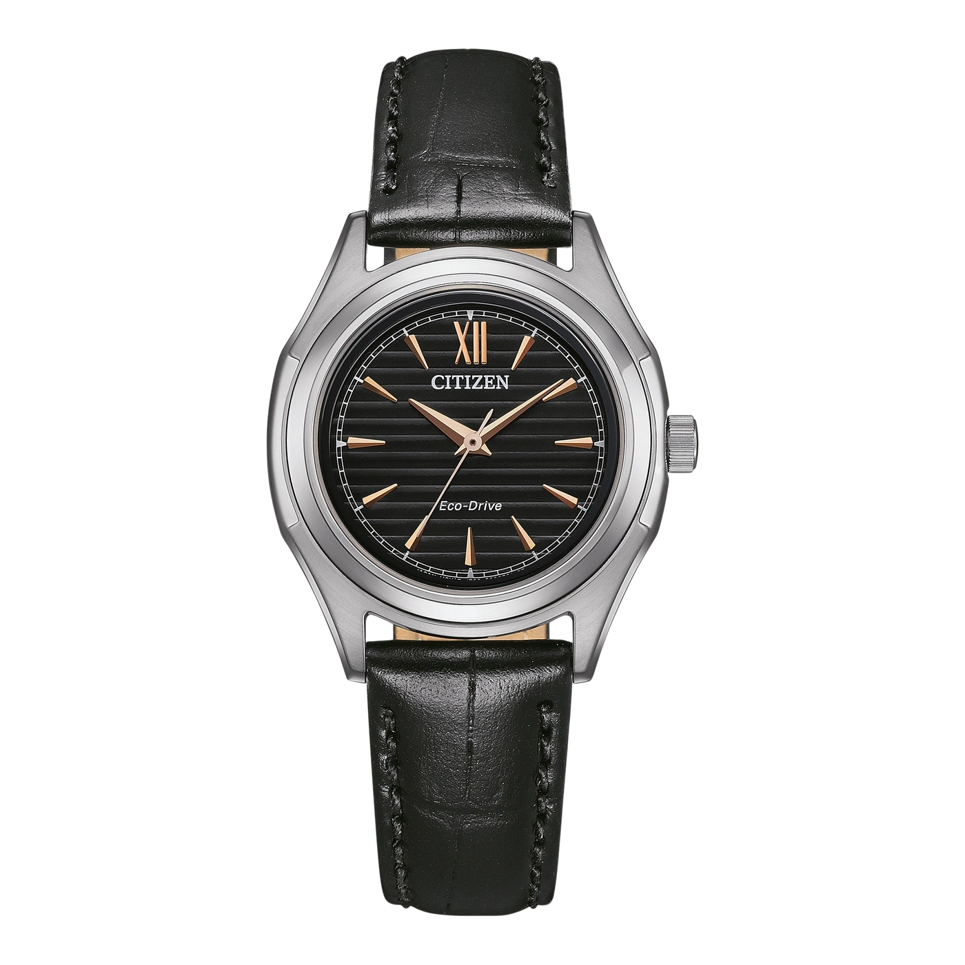 Citizen horloge met zwarte leren band en zwarte wijzerplaat