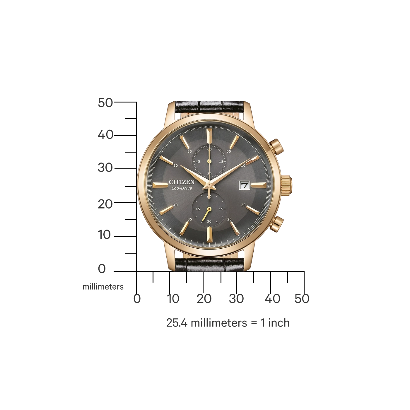 Citizen Eco-Drive horloge met gouden kast en zwarte leren band, grijze wijzerplaat.