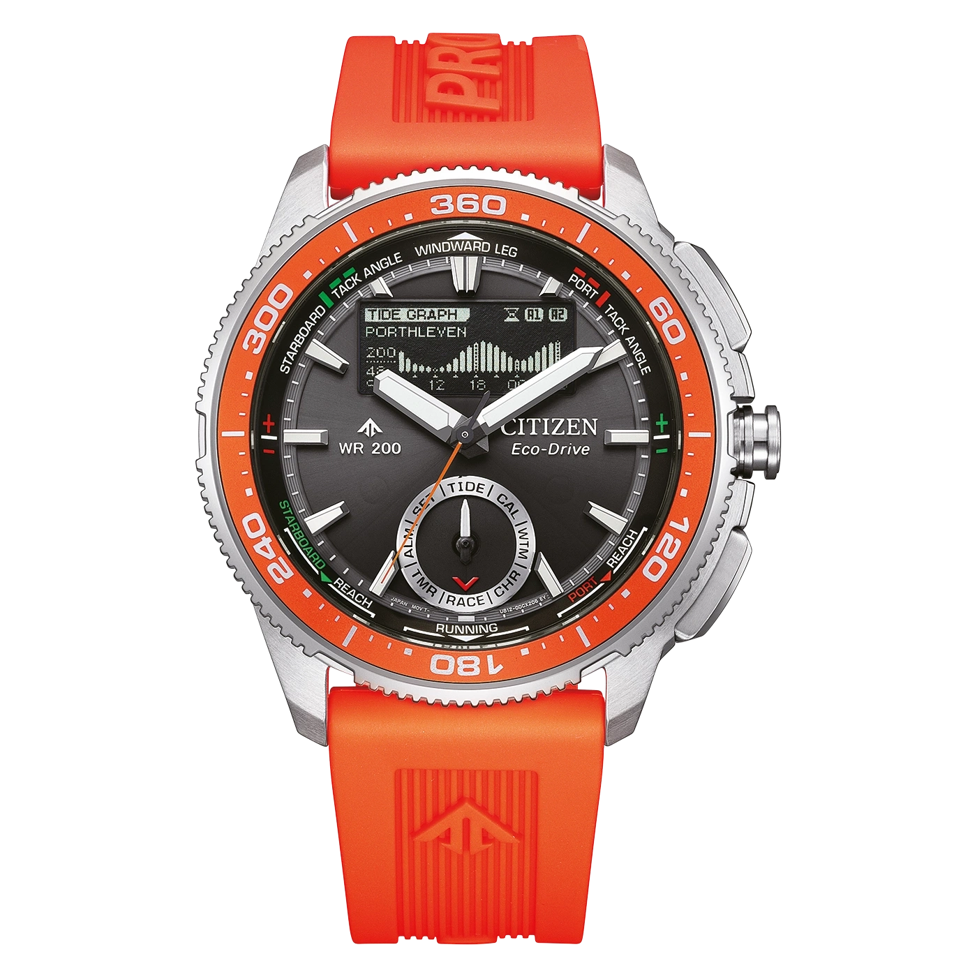 Een Citizen Eco-Drive horloge met oranje band en bezel.