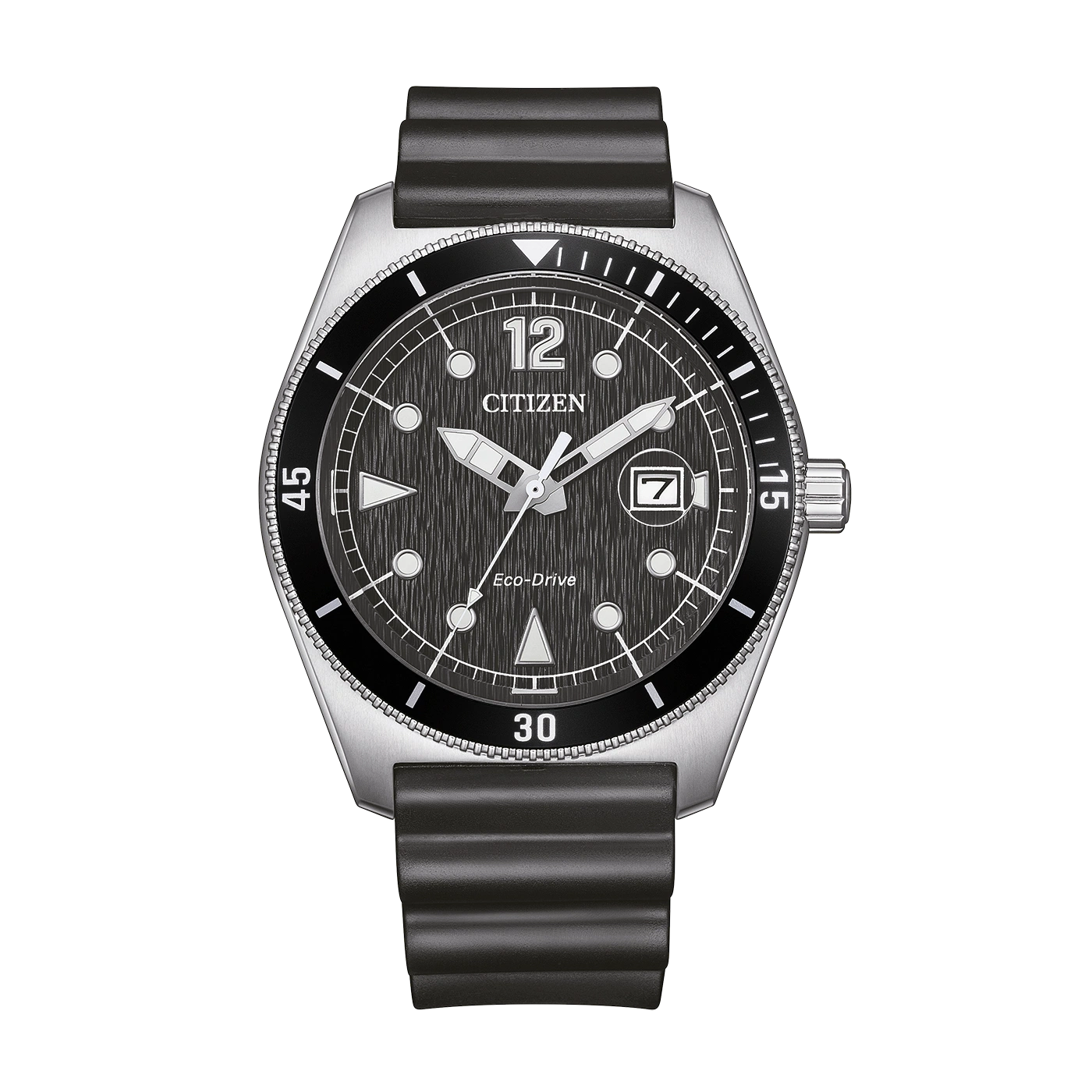 Een Citizen Eco-Drive horloge met zwarte wijzerplaat en rubberen band.