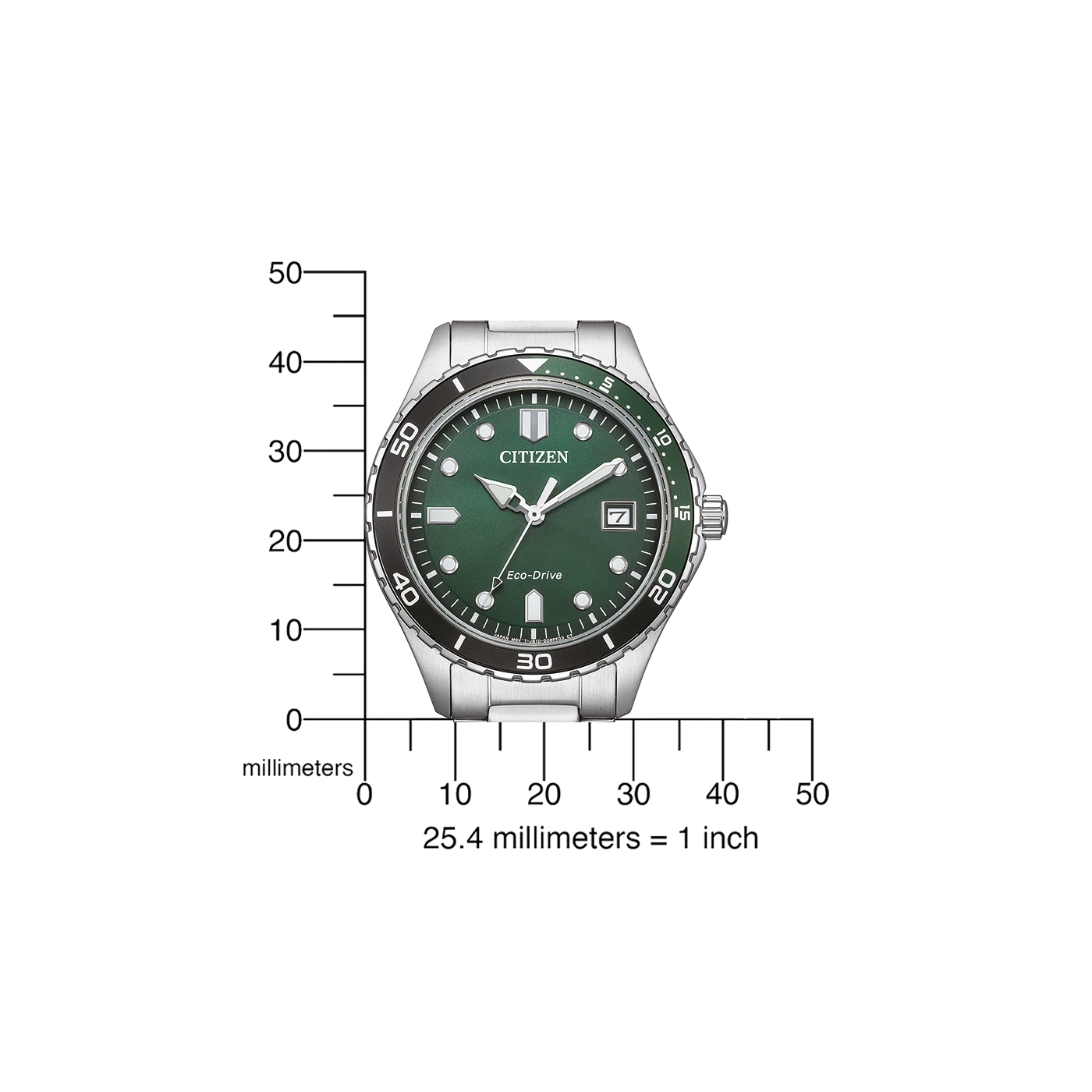Citizen horloge met groene wijzerplaat, zwarte bezel en zilveren band, met metingen.