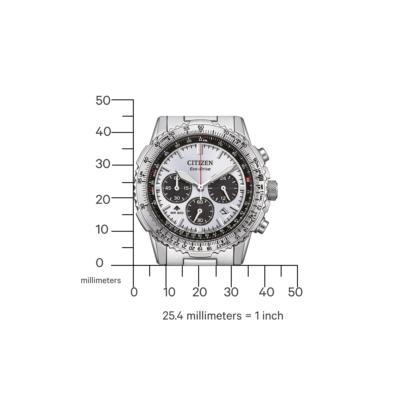 Citizen horloge met schaal, Eco-Drive, zilver, zwarte details en meetmarkeringen.