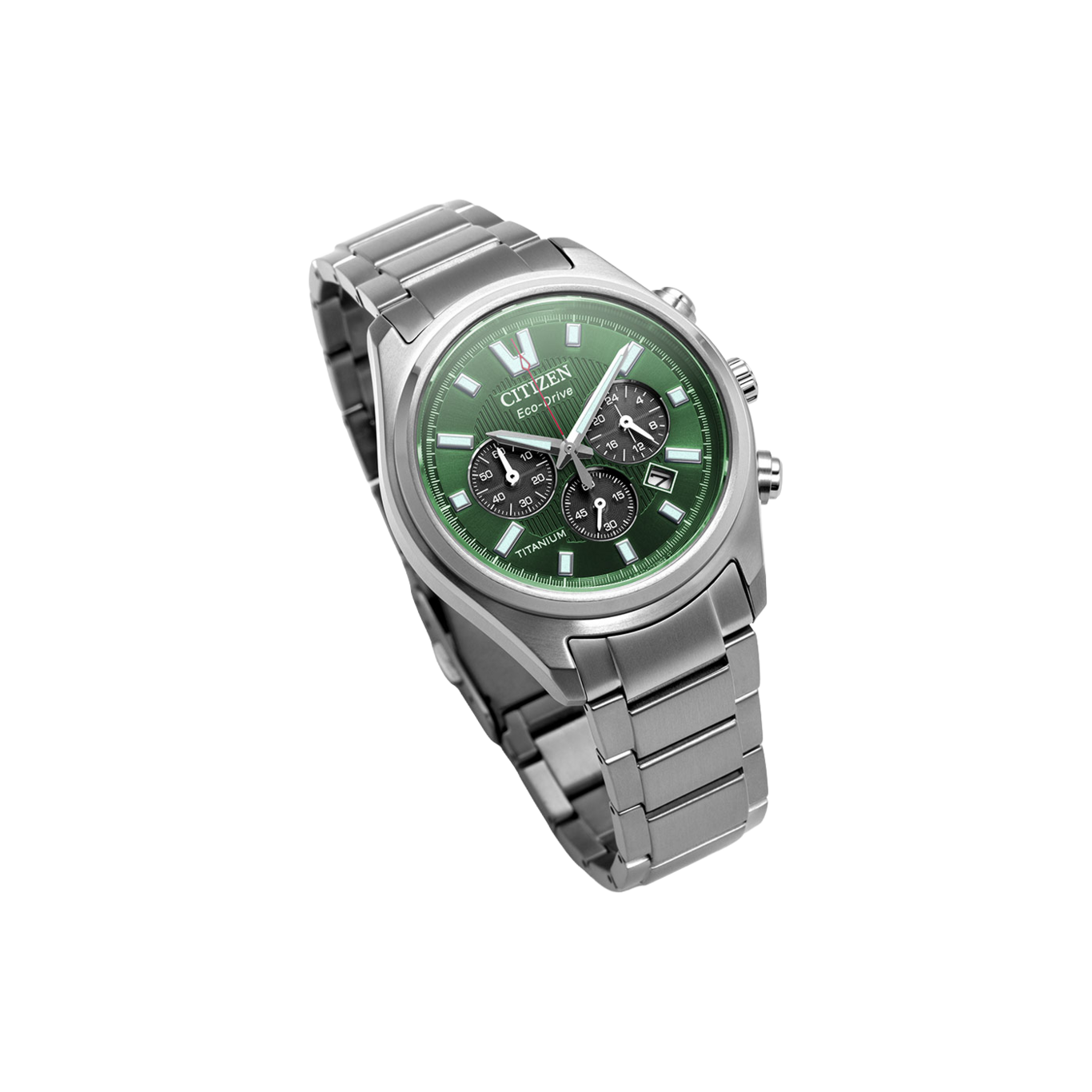 Een zilveren Citizen Eco-Drive horloge met groene wijzerplaat en metalen band.