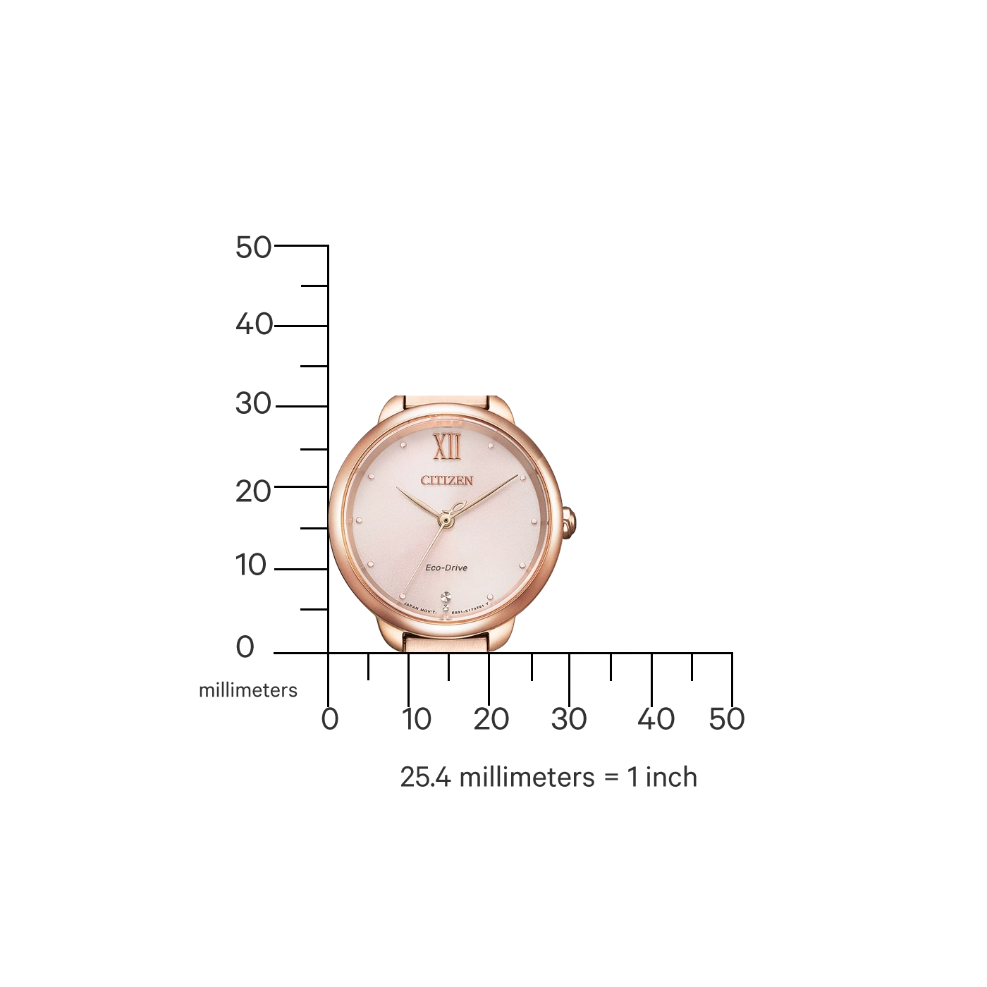 Rosegouden Citizen horloge met roze wijzerplaat, meetschaal in millimeters.