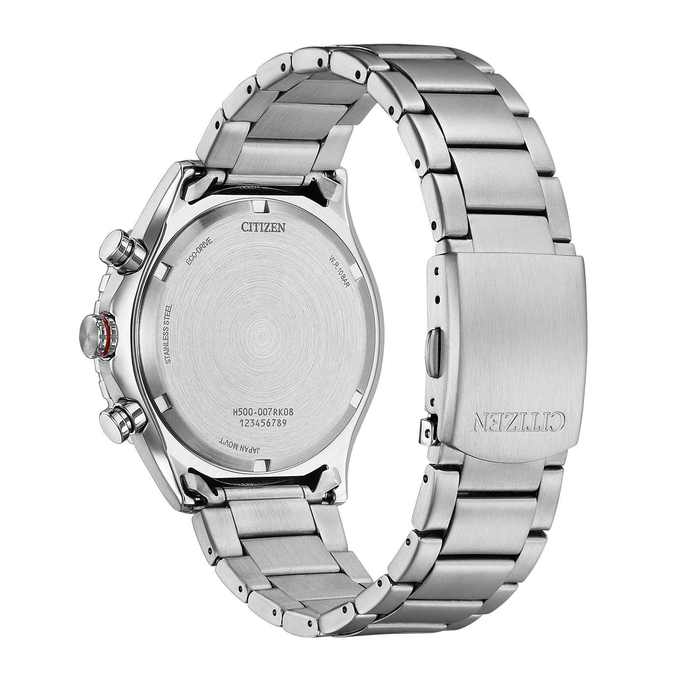 Achterkant van een zilveren Citizen Eco-Drive horloge met metalen band.