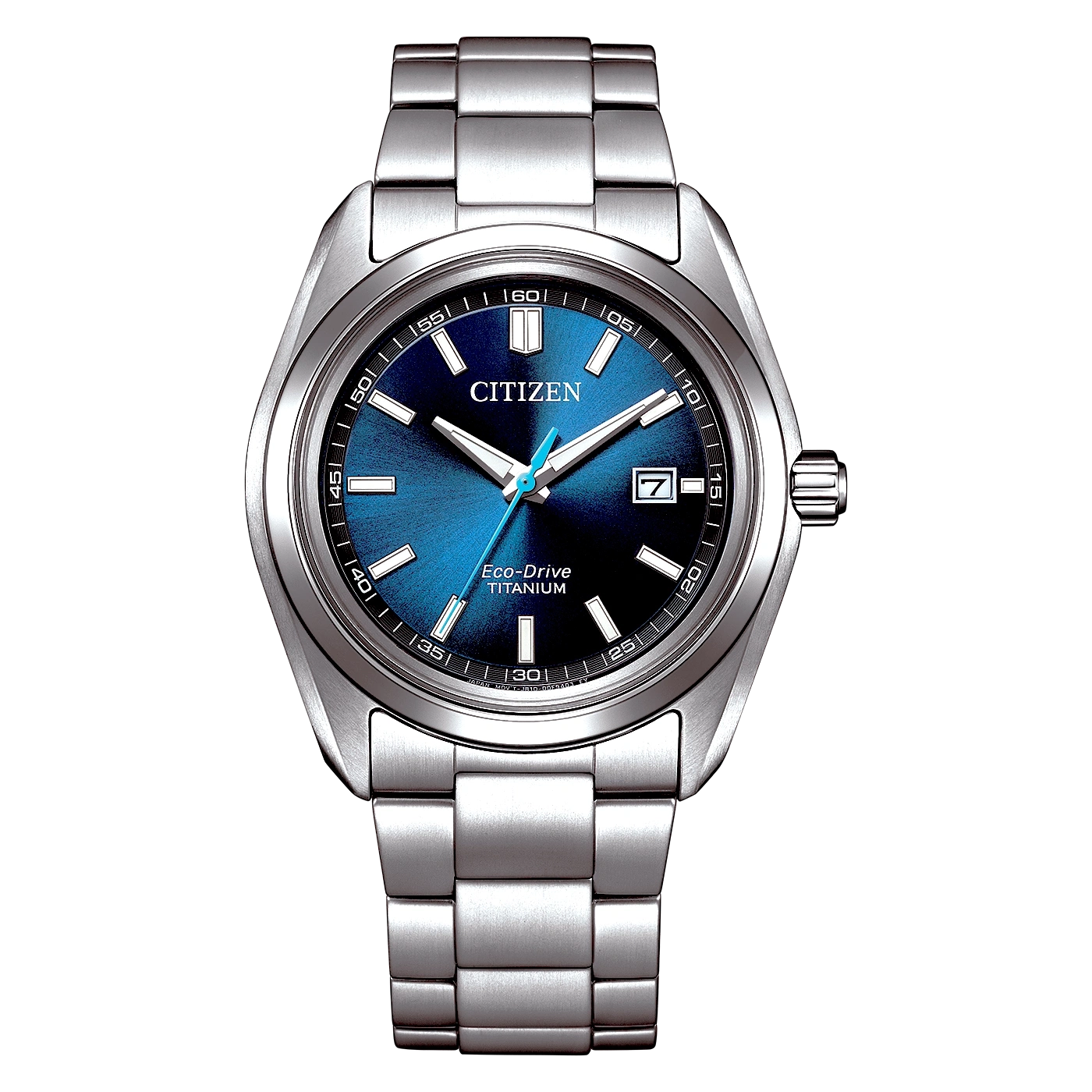 Een Citizen Eco-Drive Titanium horloge met een blauwe wijzerplaat.