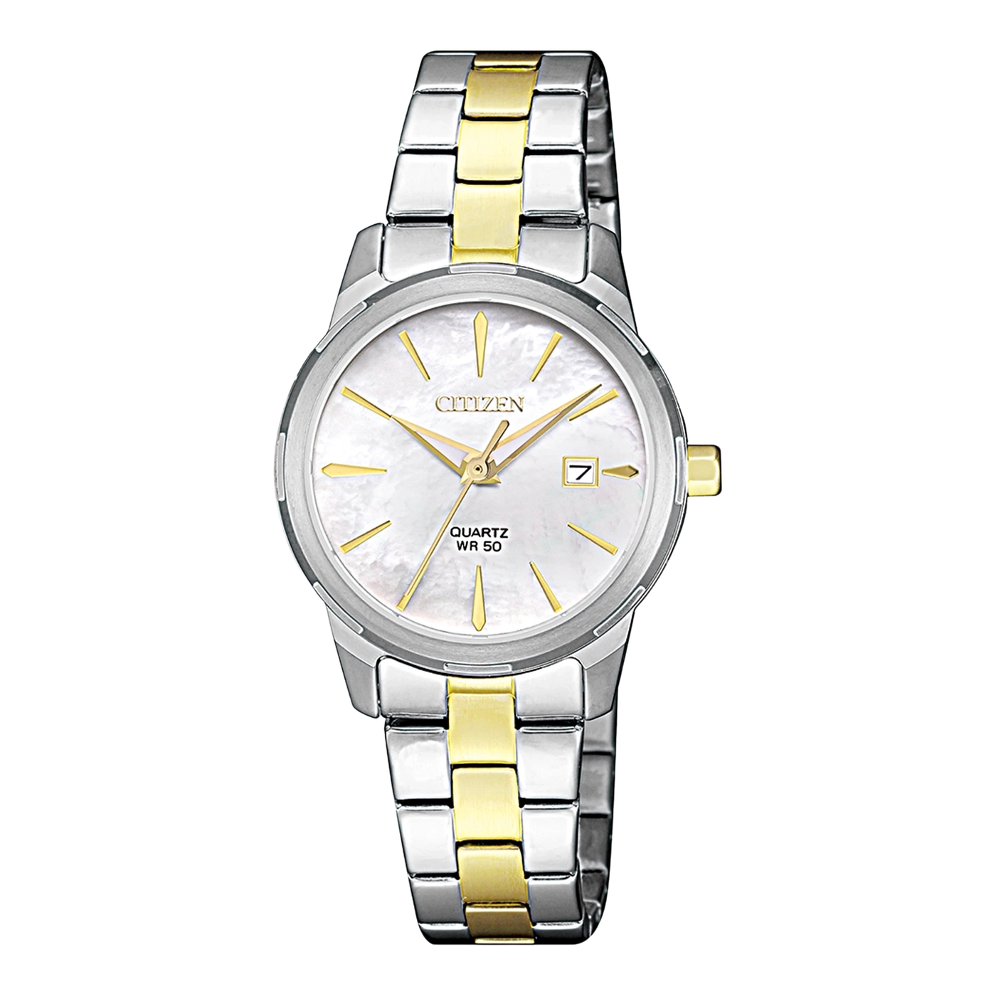Citizen horloge met een witte wijzerplaat en gouden accenten op de band.