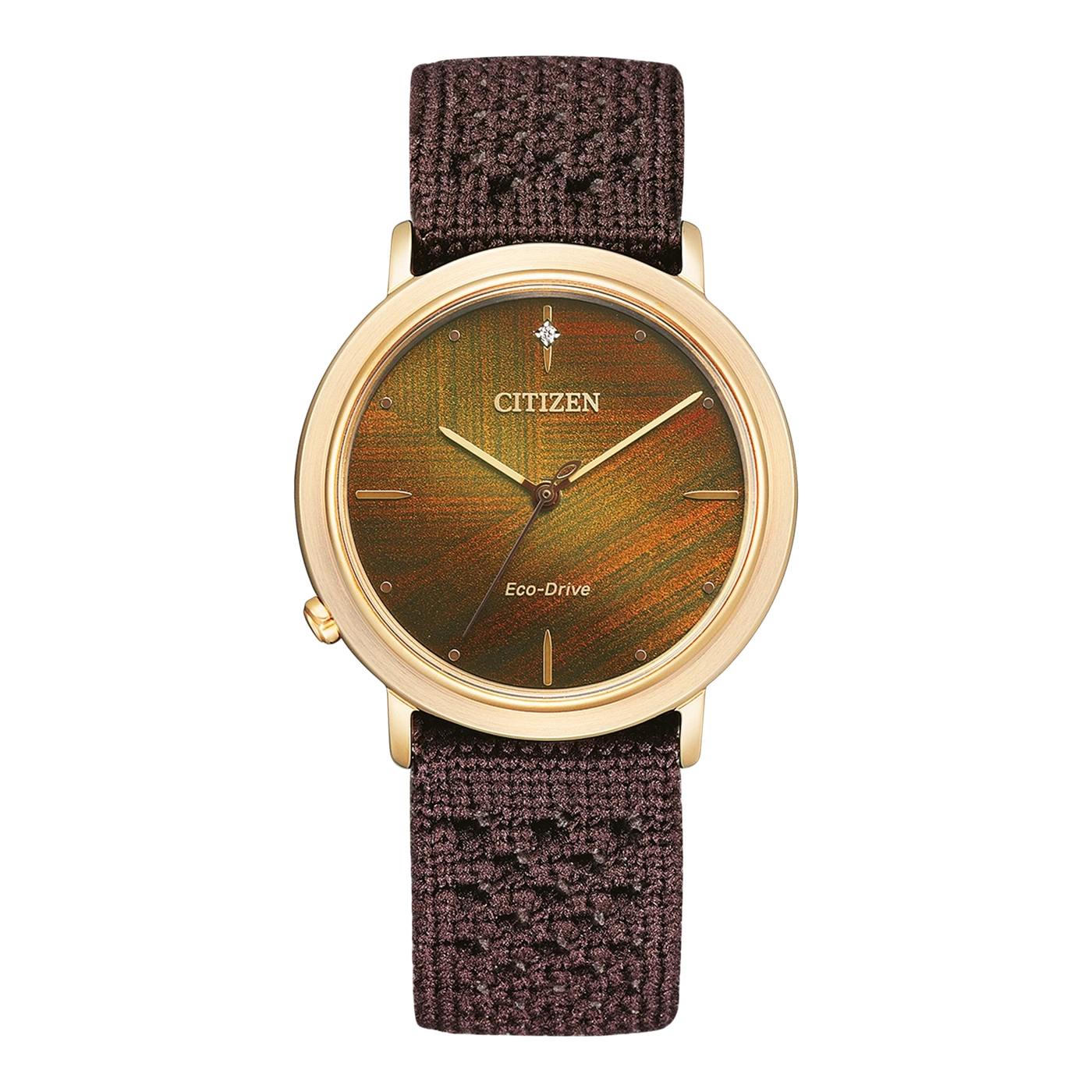 Citizen horloge met gouden kast, bruine band en kleurrijke wijzerplaat.