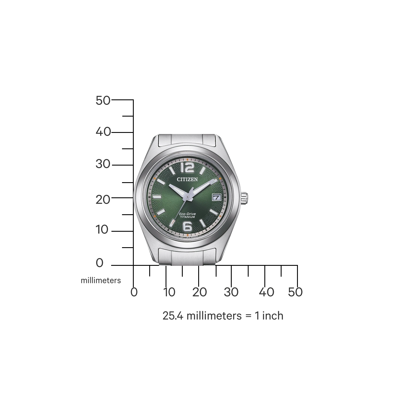 Citizen horloge met groene wijzerplaat en titanium band, met een schaal in millimeters.