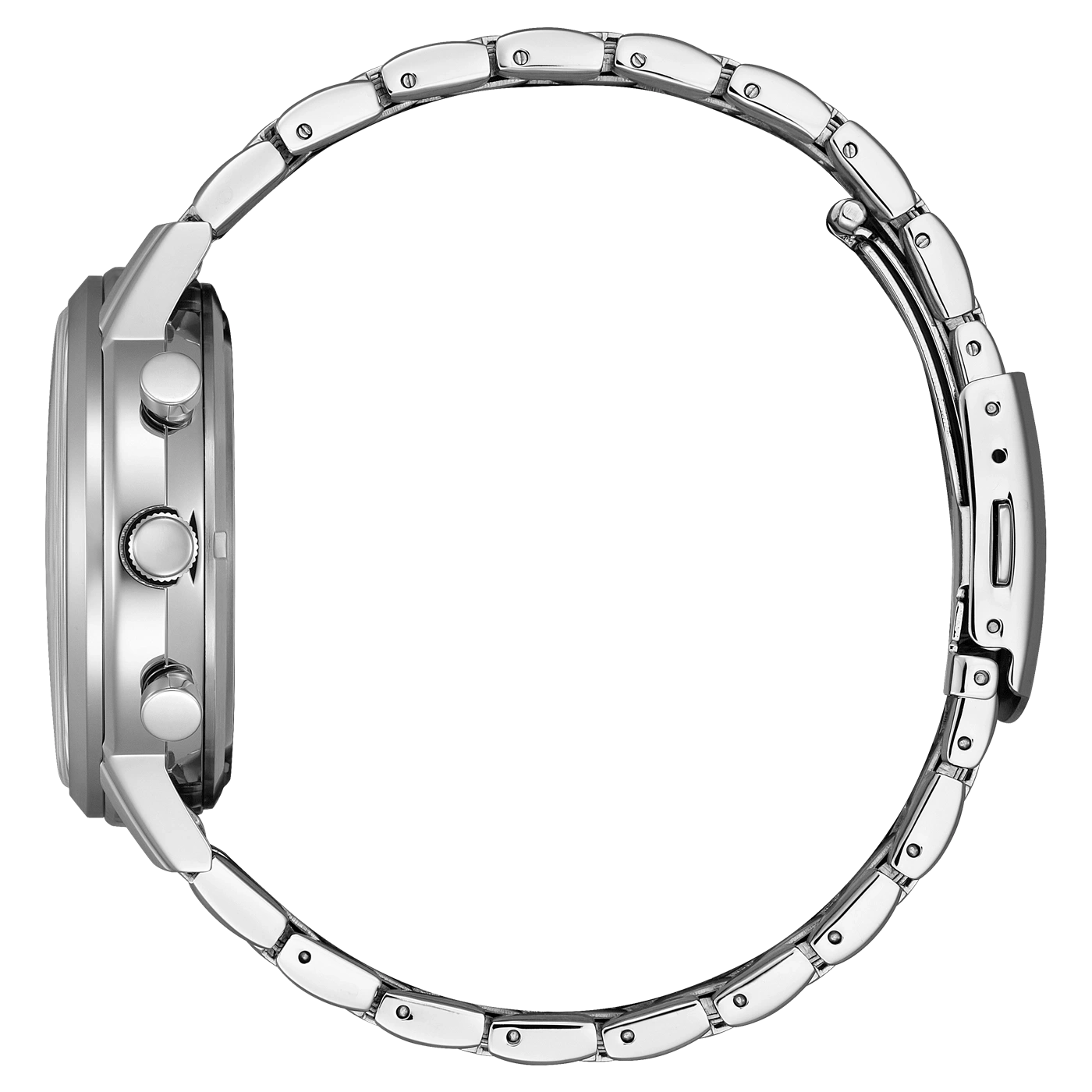 Zilveren horloge met metalen band, zijaanzicht, elegant ontwerp, glanzend