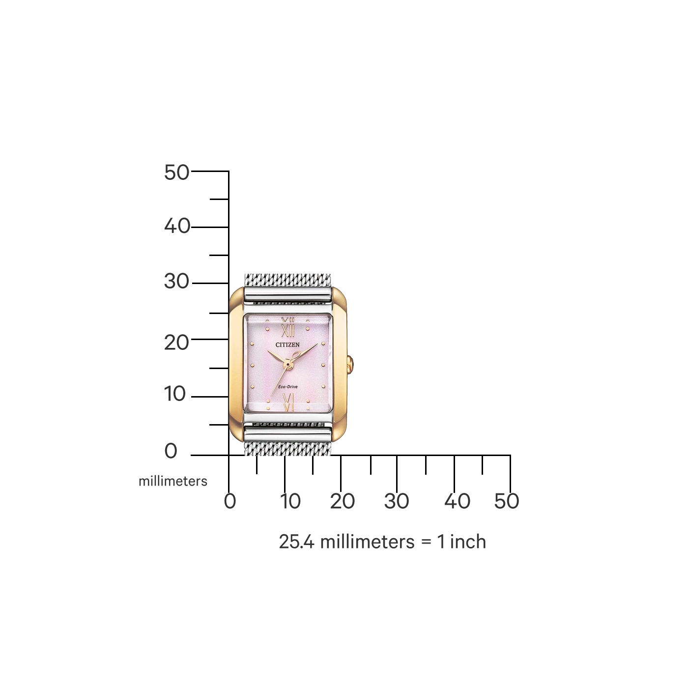 Citizen horloge met roze wijzerplaat en gouden frame, met een millimeterschaal.