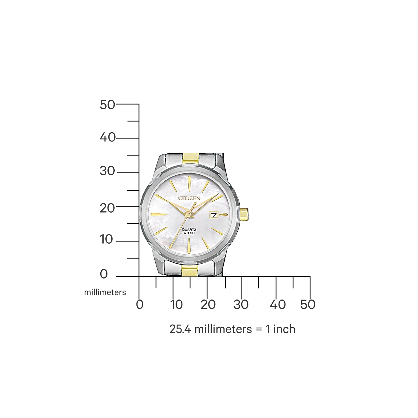 Citizen horloge met gouden accenten, quartz uurwerk en datumweergave, met een millimeterschaal.