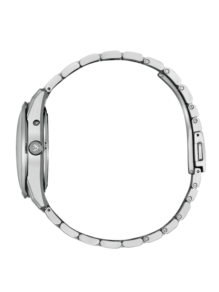 Zijaanzicht van een zilveren polshorloge met metalen band op groene achtergrond.