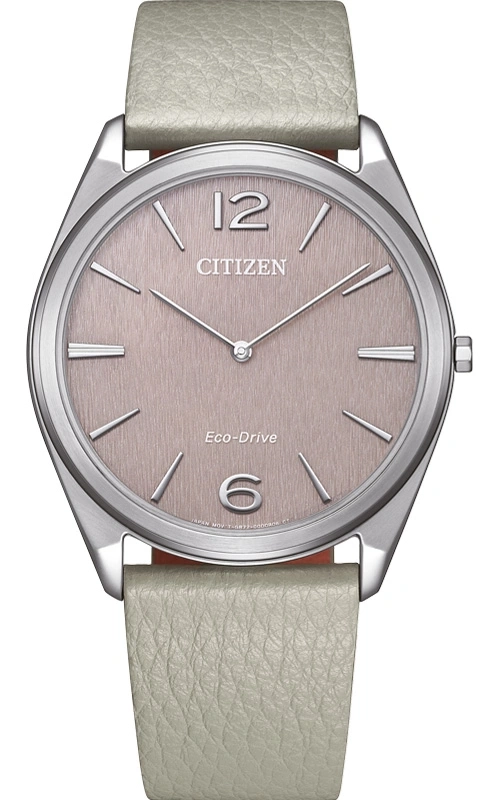 Citizen horloge met een lichtgrijze leren band en een roze wijzerplaat.