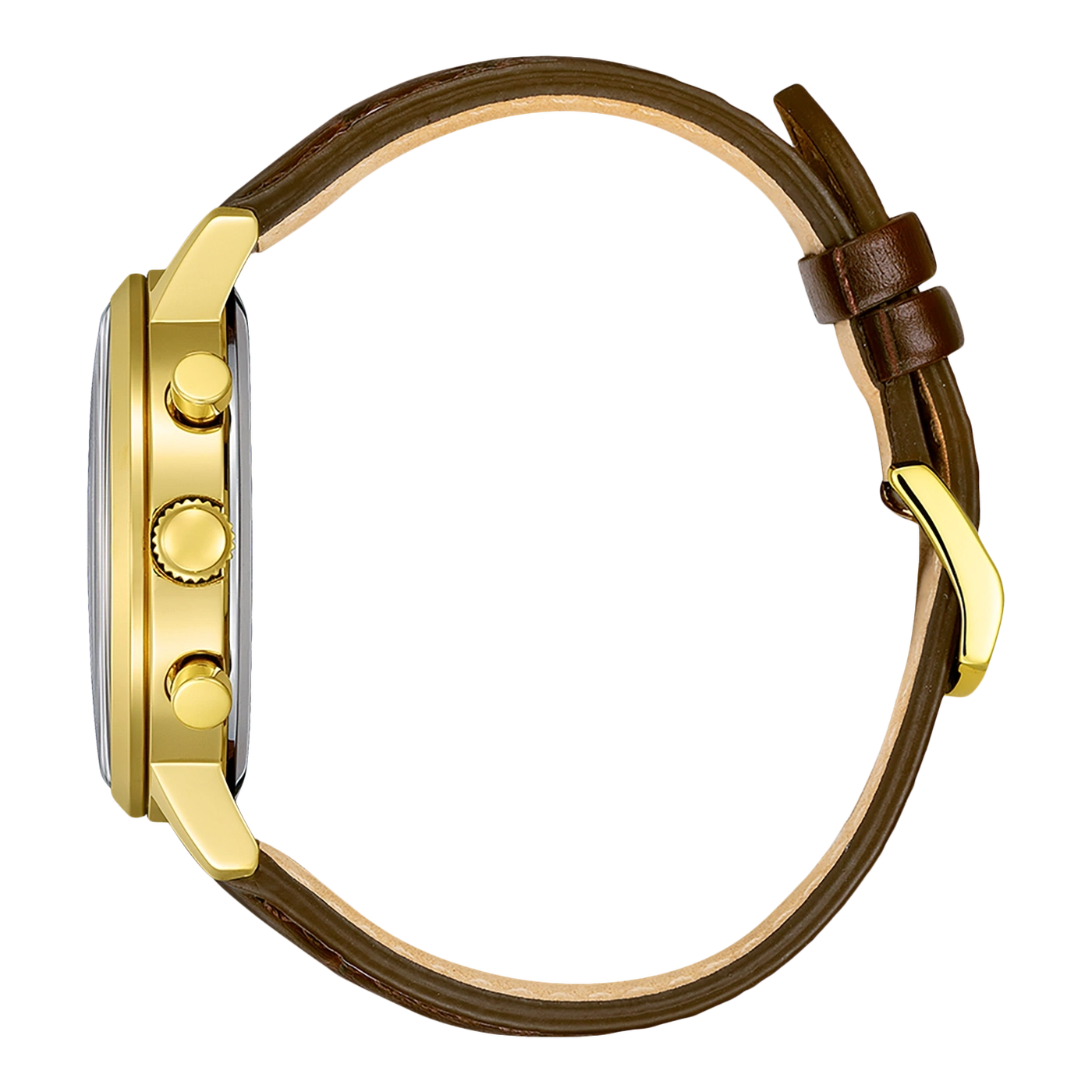 Gouden horloge met bruine leren band, zijaanzicht, close-up