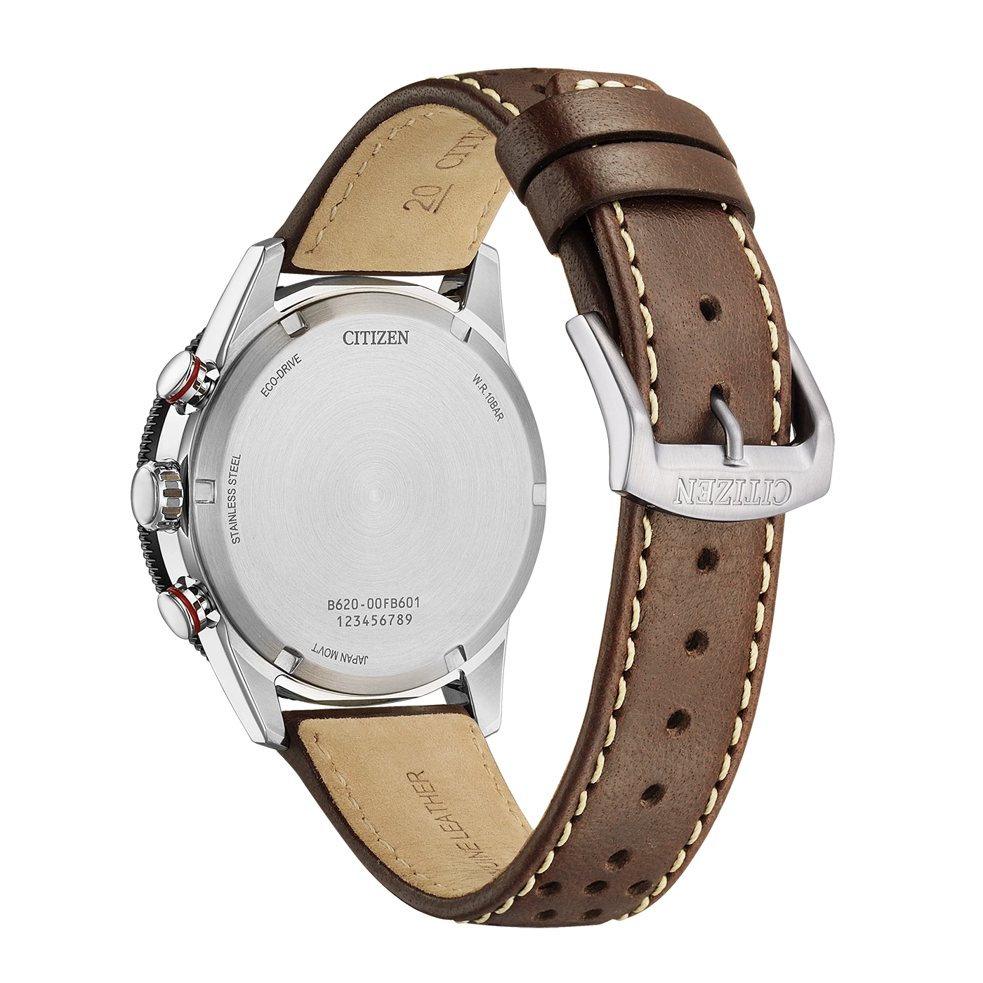 Achterkant van een bruine leren Citizen Eco-Drive horloge