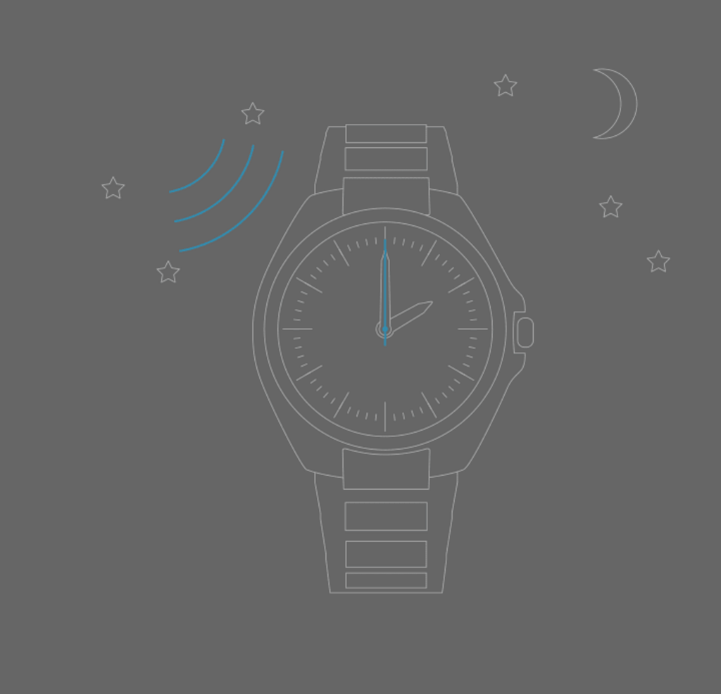 Horloge dat nacht laat zien met sterren en maan, en geluidsgolven.