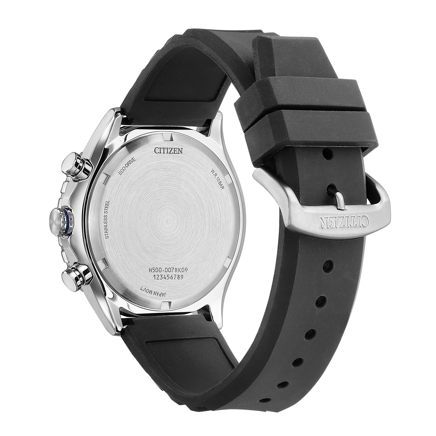 Achterkant van een Citizen Eco-Drive horloge met zwarte rubberen band en zilveren gesp.
