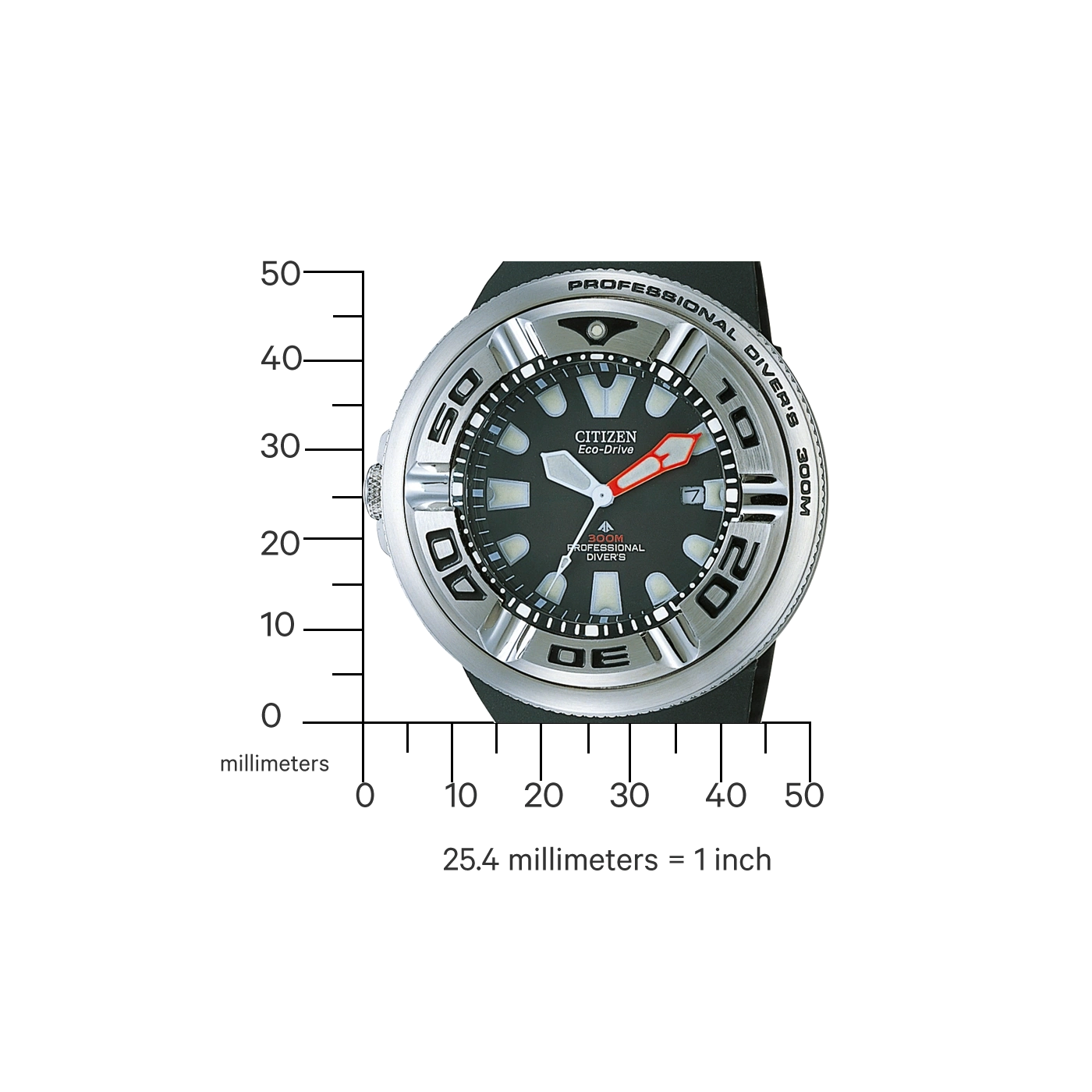 Citizen Eco-Drive horloge met zwarte wijzerplaat en zilveren bezel, 300M waterbestendigheid.
