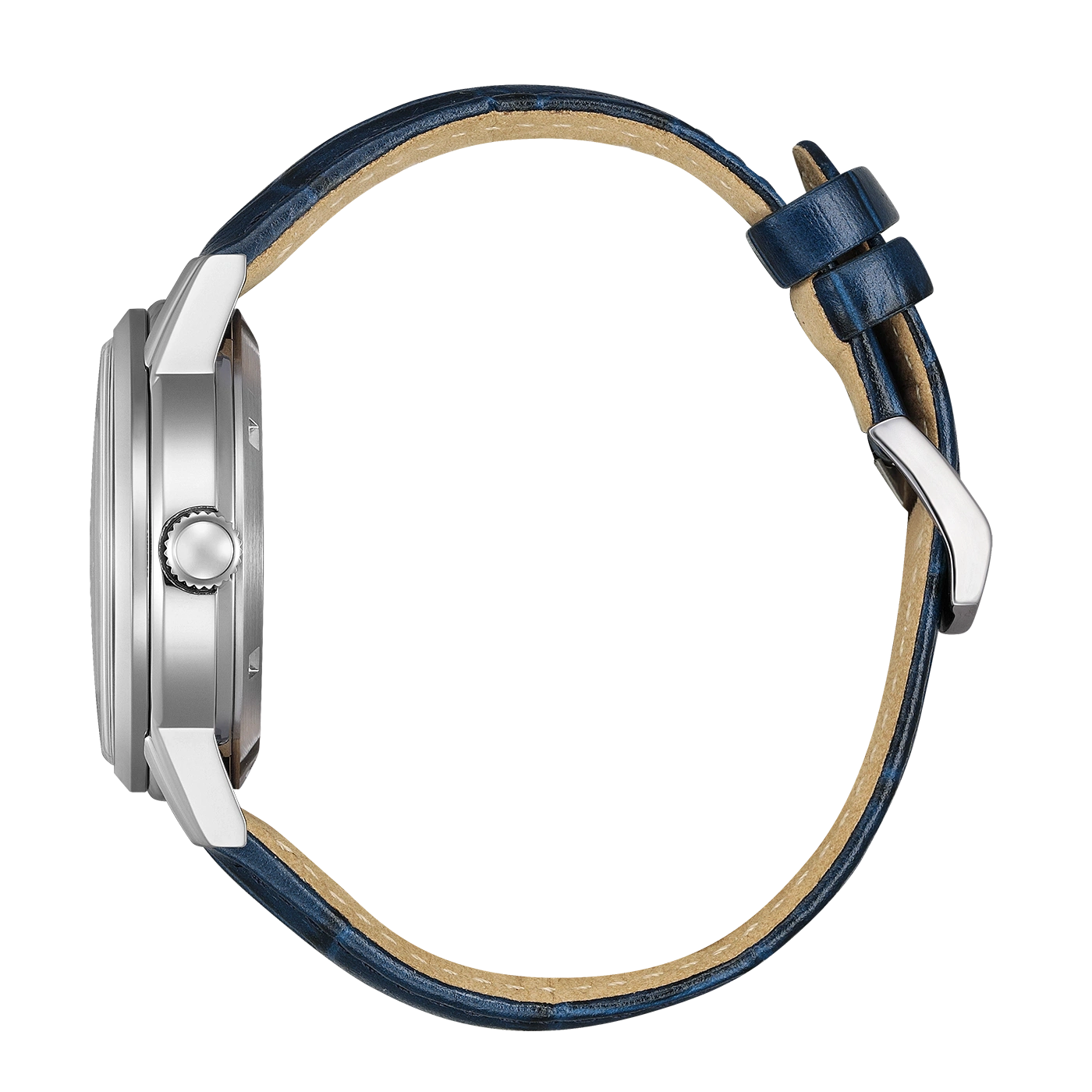 Zijaanzicht van een zilveren horloge met een blauw leren bandje.