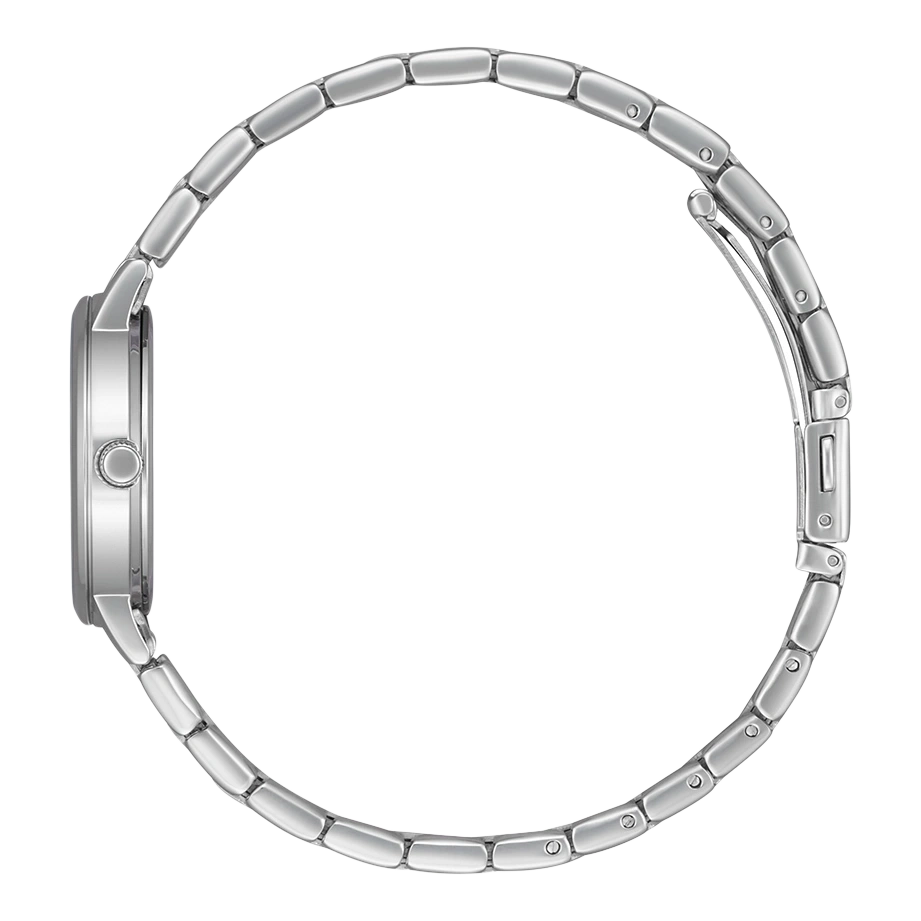 Zilveren horloge met metalen band, zijaanzicht, elegant ontwerp, ronde wijzerplaat.
