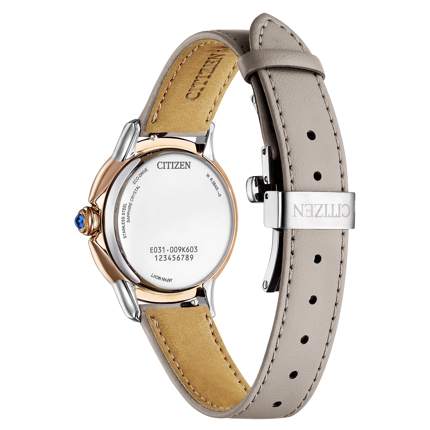 Citizen horlogerug, roestvrij staal, saffierglas, leren band, Eco-Drive, Japan Movt.
