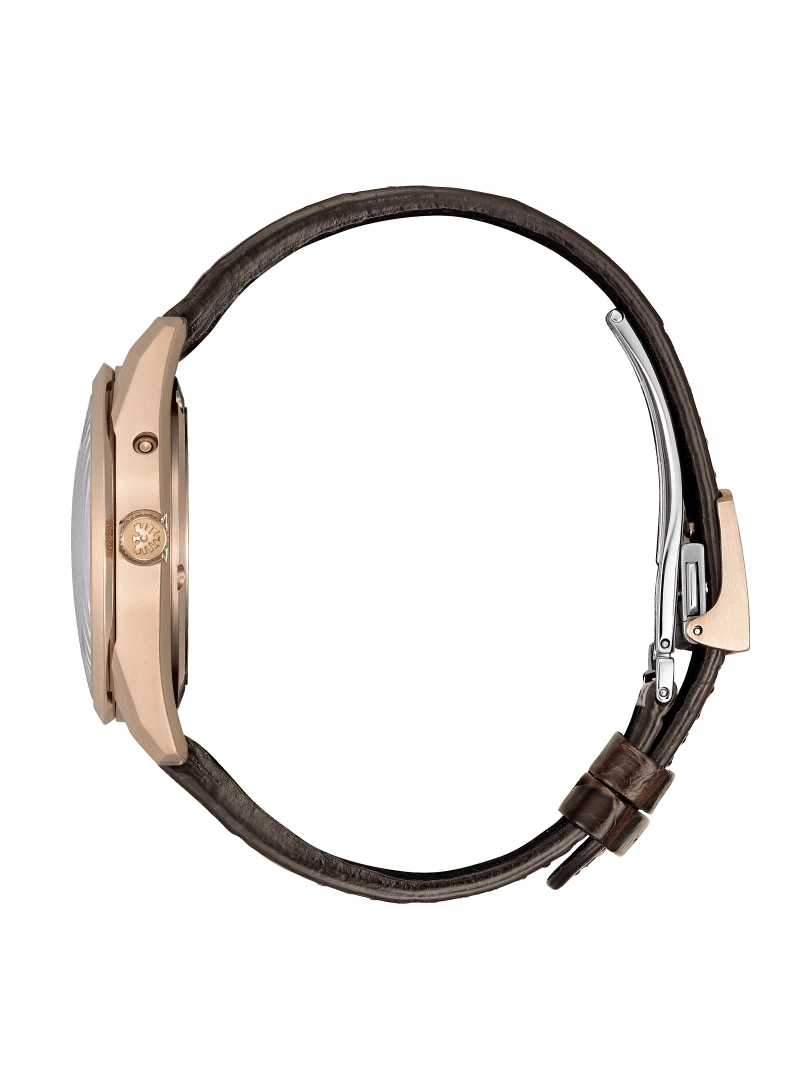 Zijaanzicht van een luxe horloge met bruin lederen band en gouden kast.