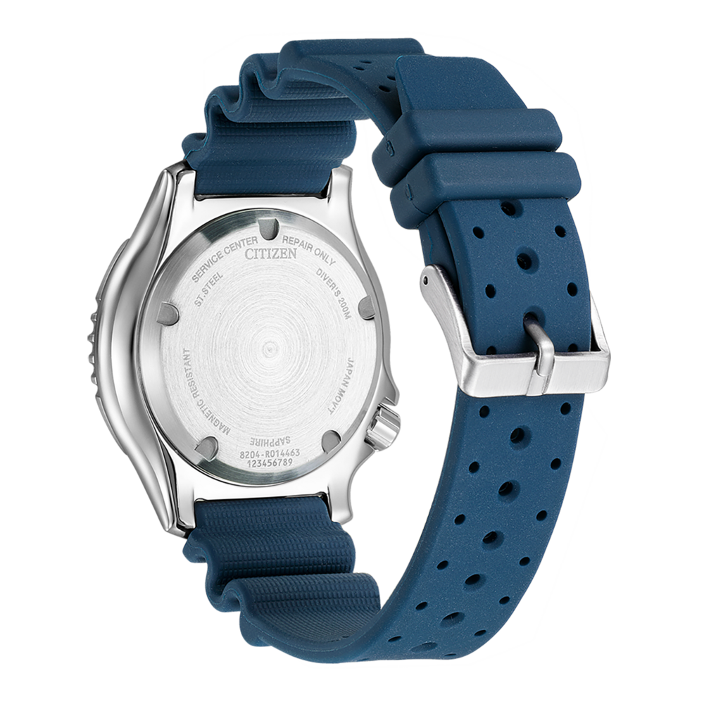 Citizen horlogerug, roestvrij staal, blauwe band, diver's 200m, saffier, Japanse uurwerk