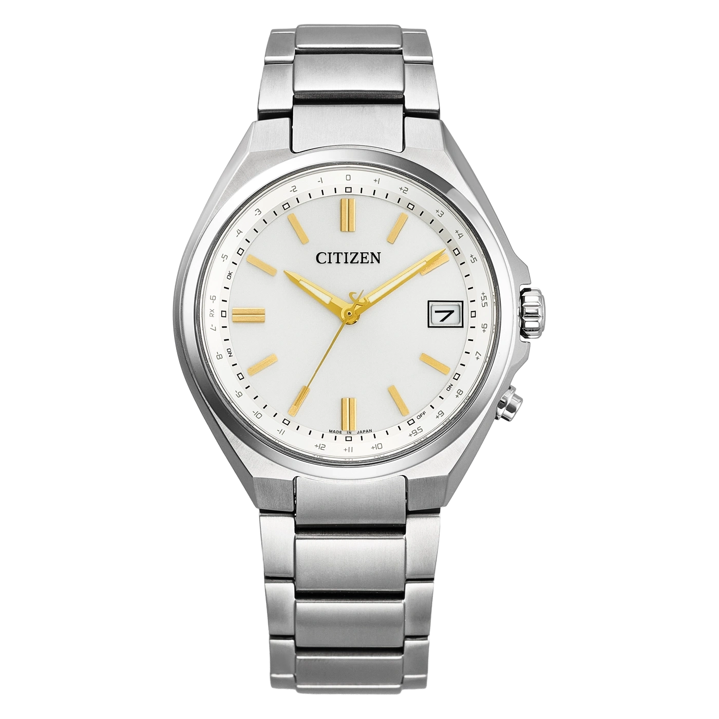 Een zilveren Citizen horloge met een witte wijzerplaat en gouden wijzers.
