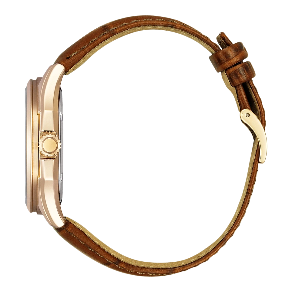 Zijaanzicht van een gouden horloge met een bruine leren band.