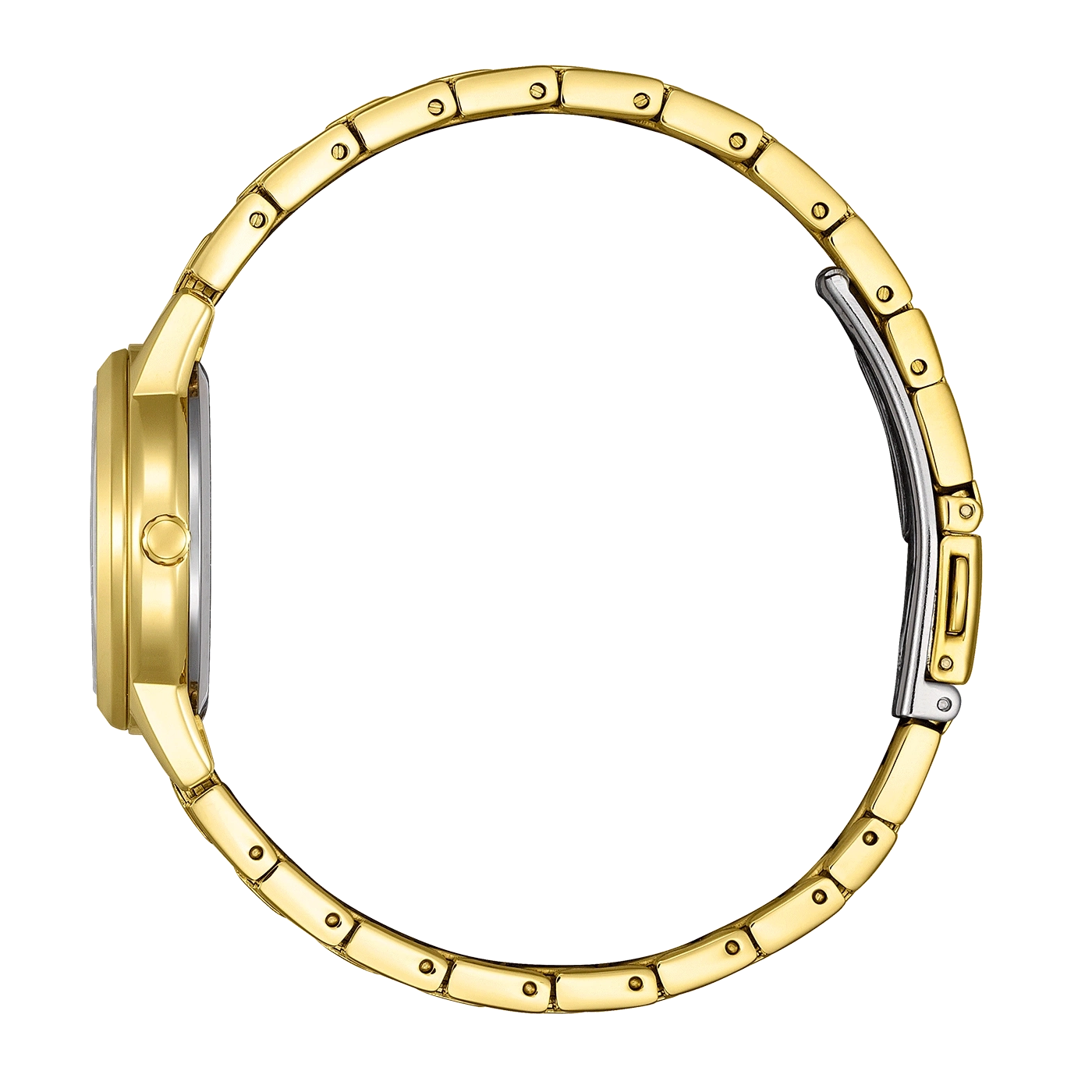 Gouden horloge, zijaanzicht, met een gouden band en een zilveren sluiting.