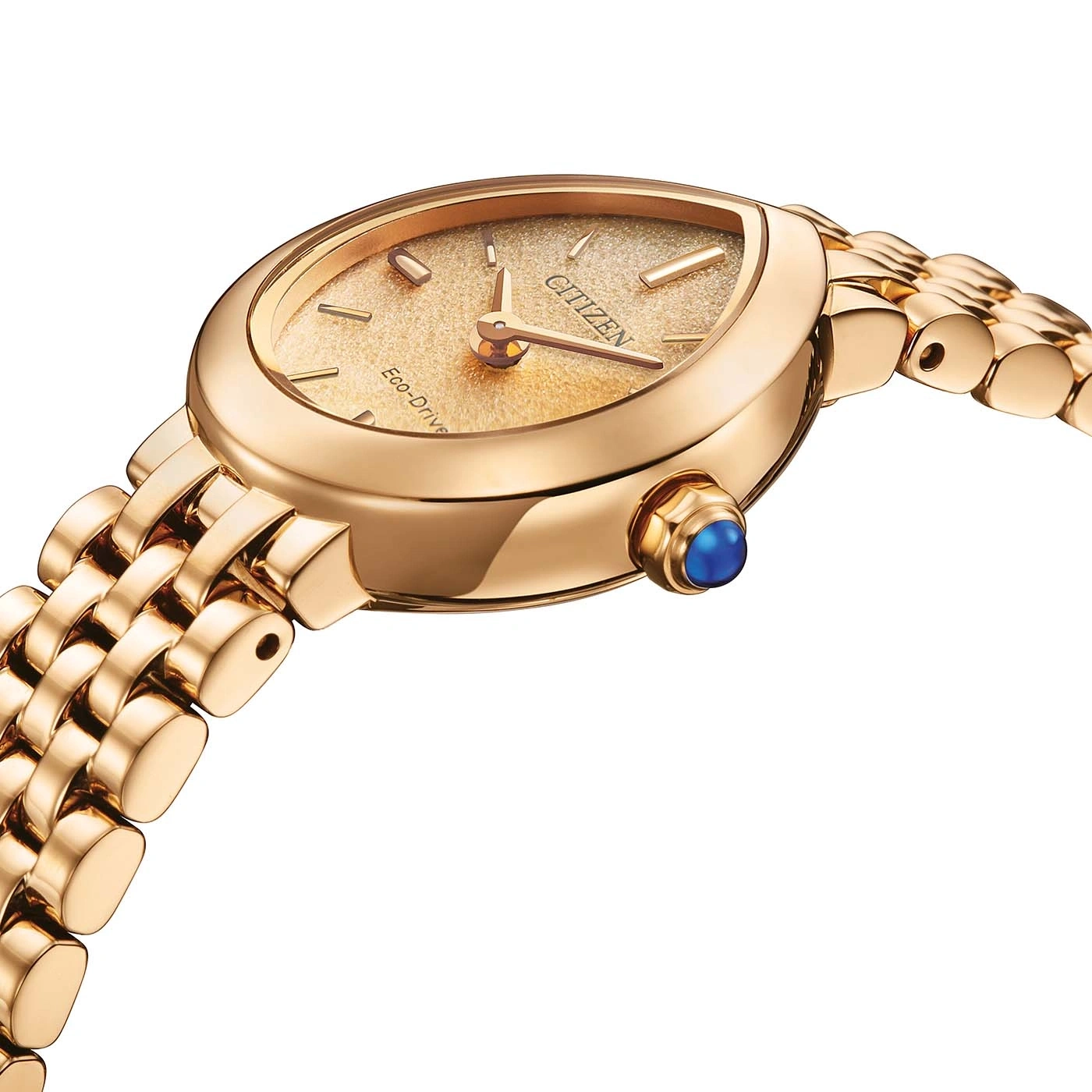Gouden Citizen Eco-Drive horloge met een blauwe edelsteen op de kroon.