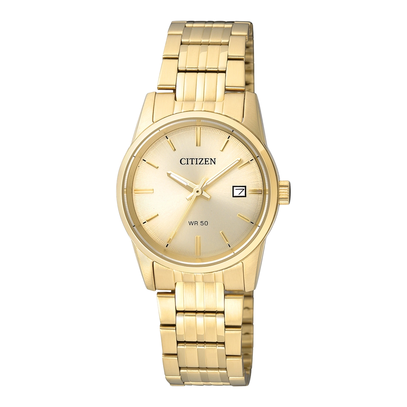 Gouden Citizen horloge met gouden band en witte achtergrond.