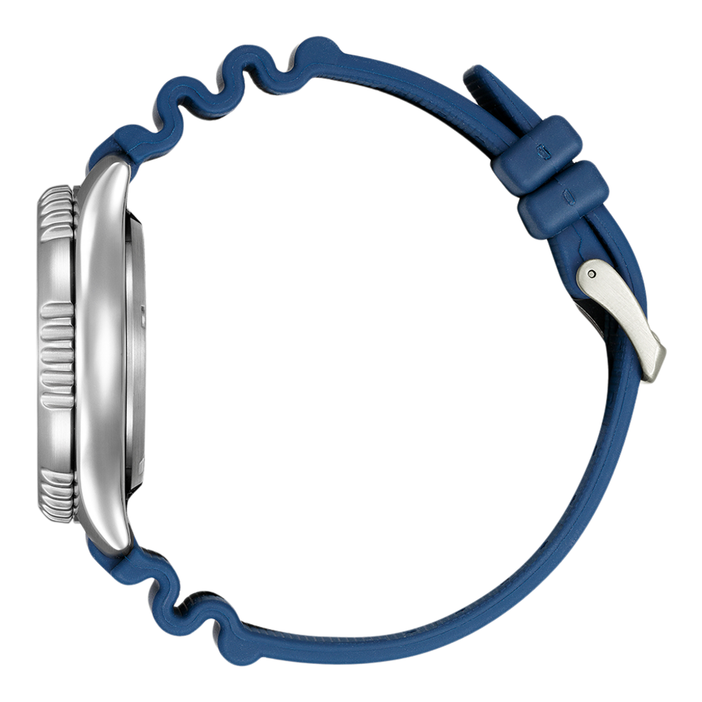 Zijaanzicht van een zilveren horloge met een blauwe, golvende band.