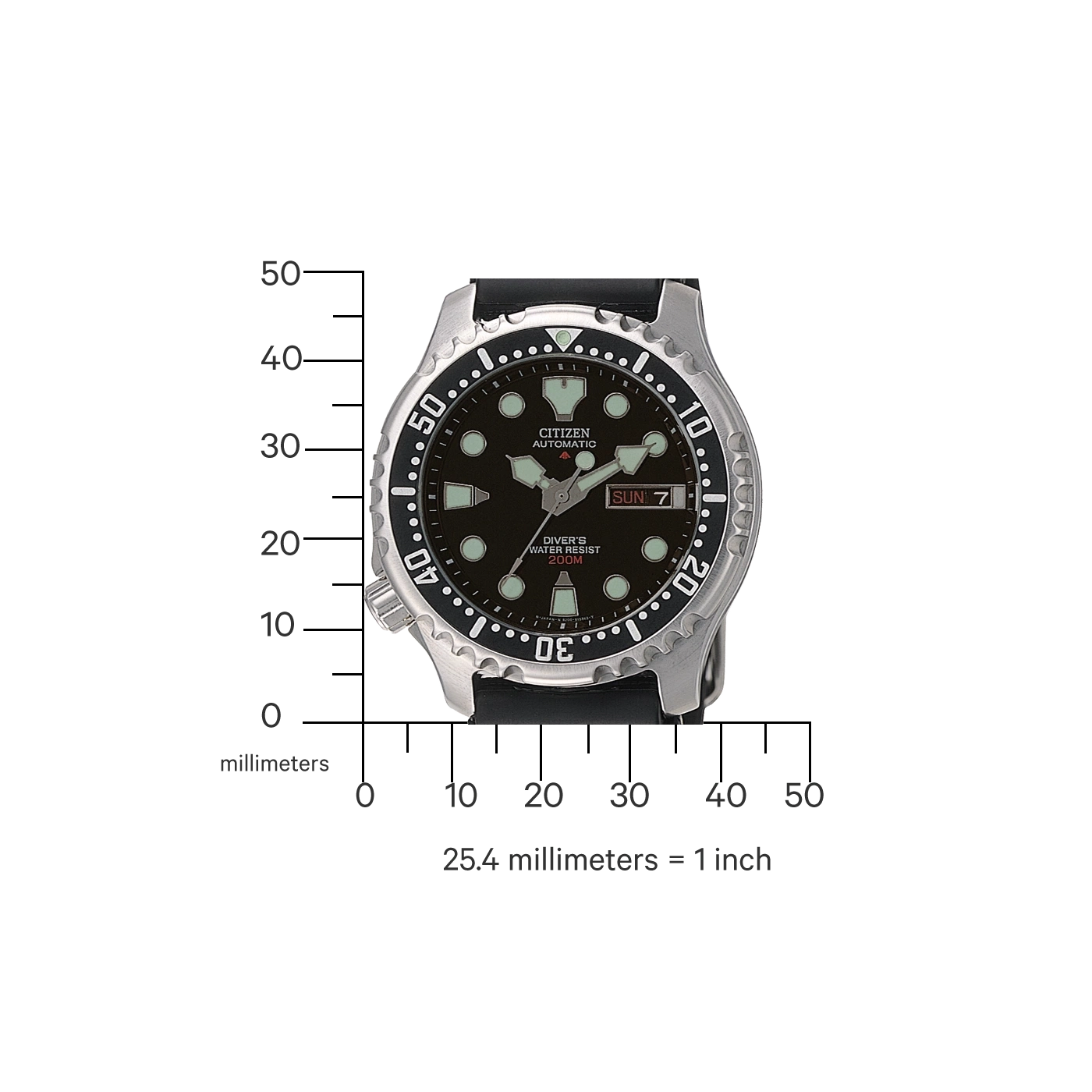 Citizen horloge met zwarte wijzerplaat, waterbestendigheid en dagweergave.