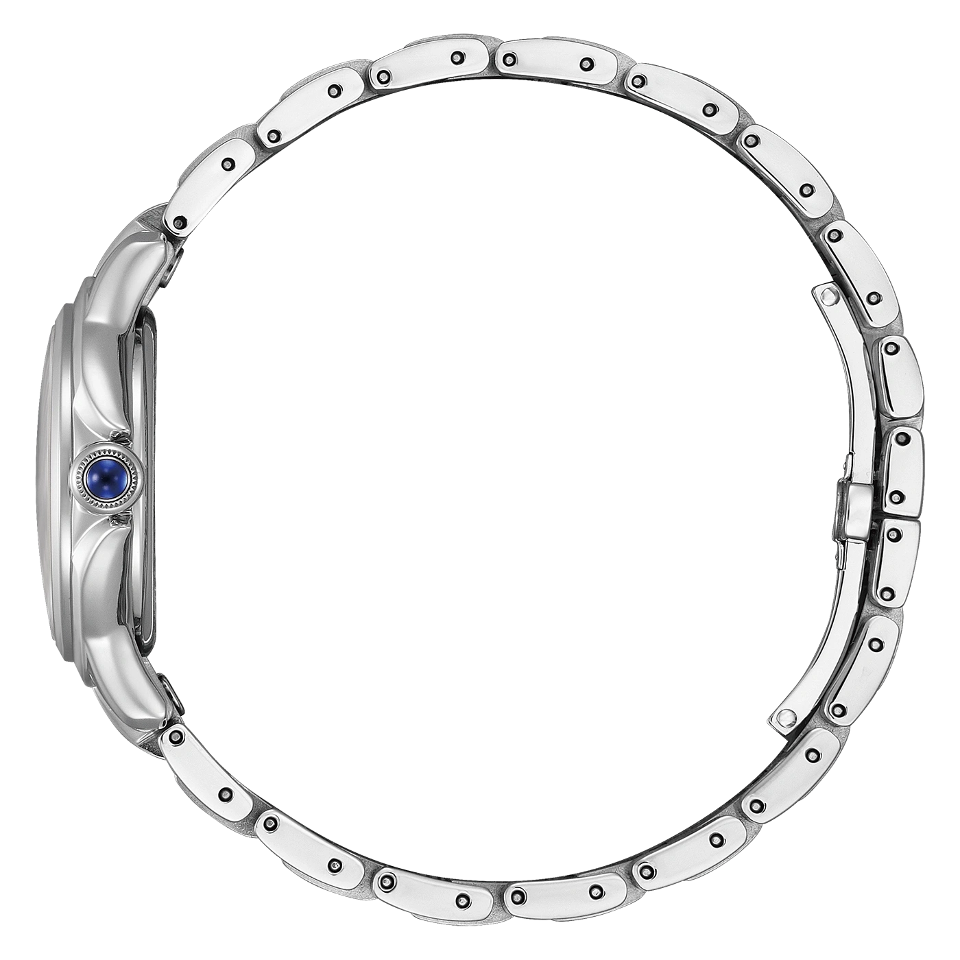 Zijaanzicht van een zilveren polshorloge met een blauwe edelsteen en metalen band.