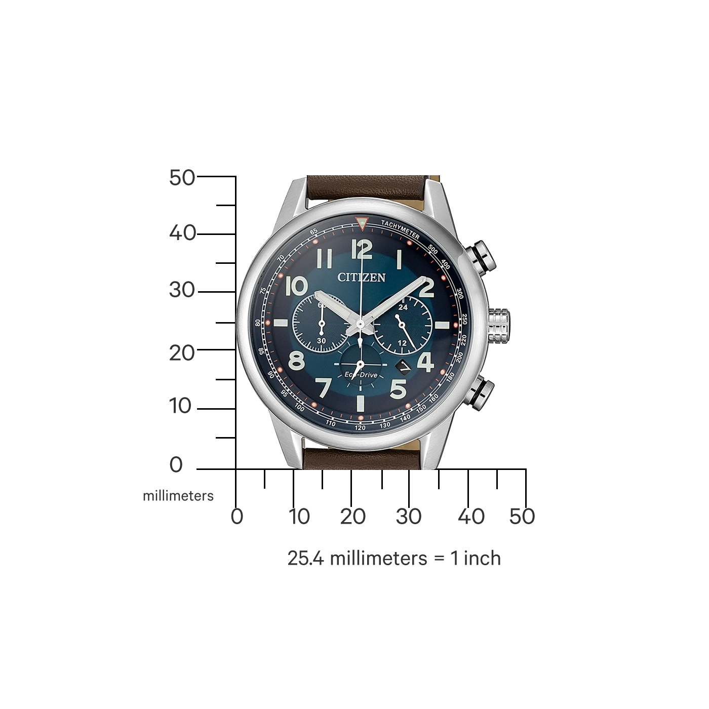 Citizen horloge met bruin lederen band, tachymeter en Eco-Drive technologie.