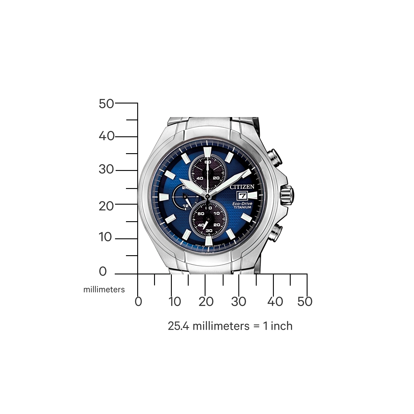 Citizen horloge met blauwe wijzerplaat, titanium, Eco-Drive, chronograaf en datumweergave.