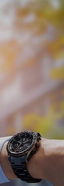 Close-up van een zwart horloge om een pols, met een vage achtergrond van de natuur.
