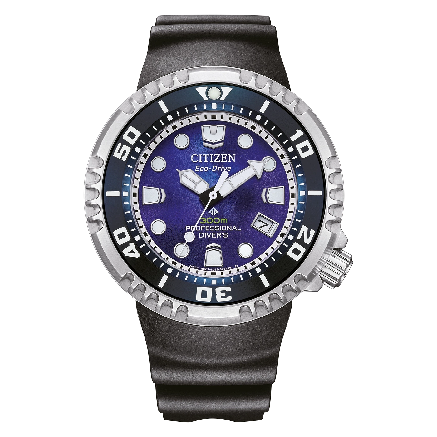 Citizen Eco-Drive horloge met blauwe wijzerplaat en zwarte band, professioneel duikershorloge