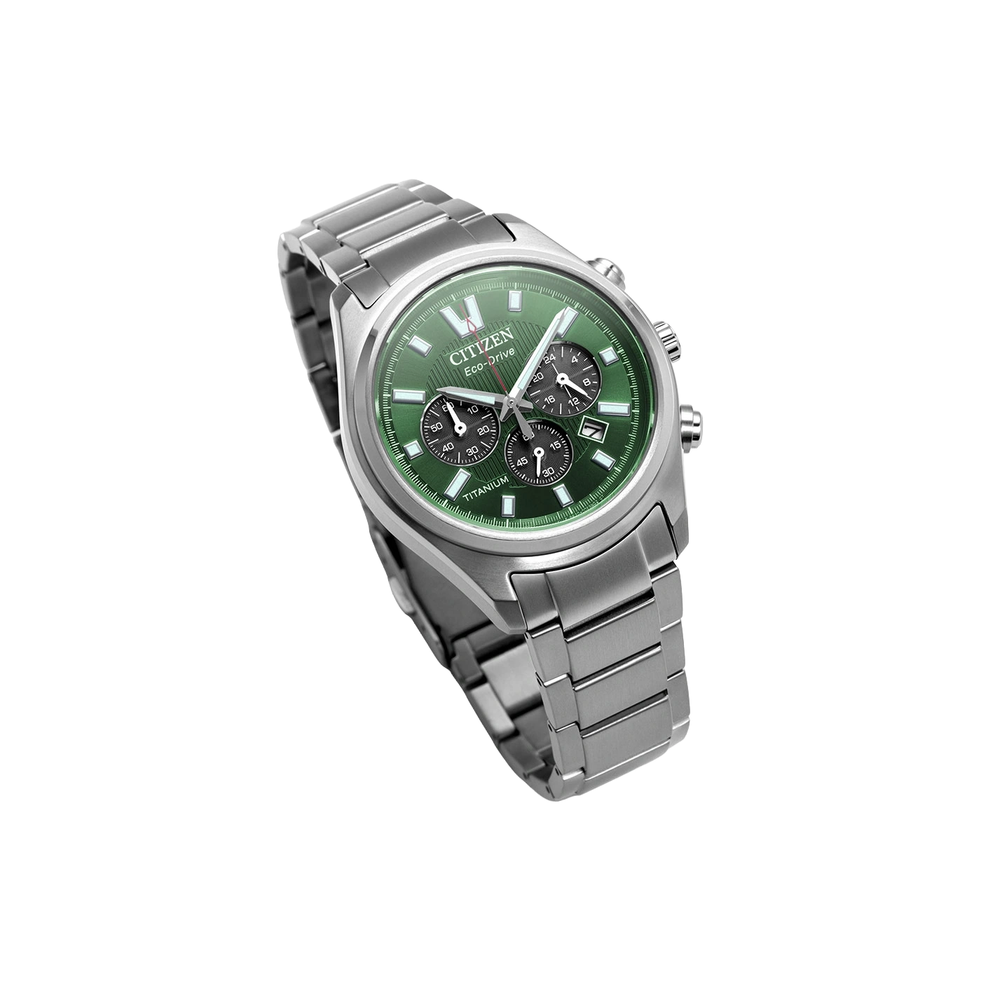 Een zilveren Citizen Eco-Drive horloge met groene wijzerplaat en metalen band.