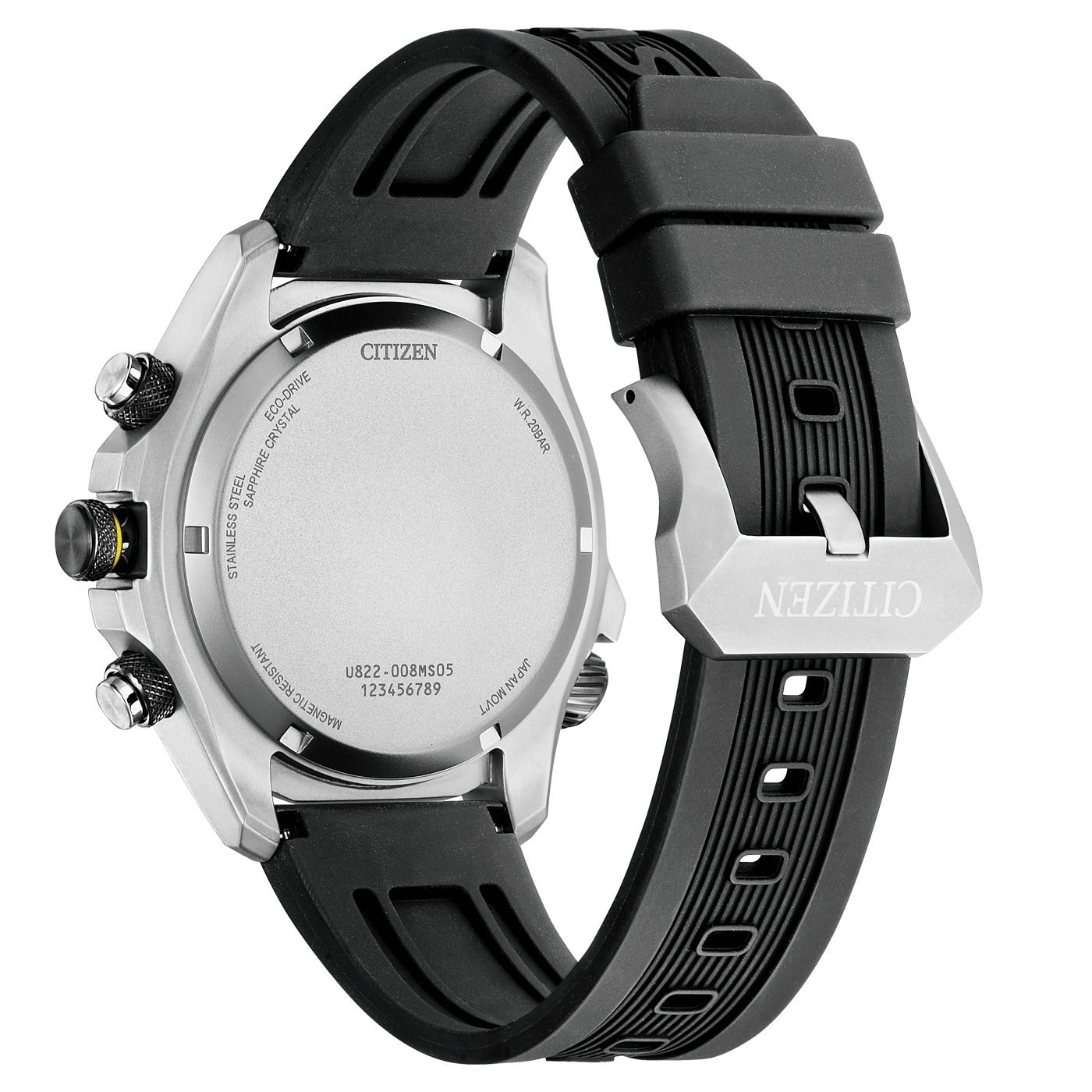 Citizen horlogerug, roestvrij staal, zwarte band, Eco-Drive, saffierglas, waterbestendig.