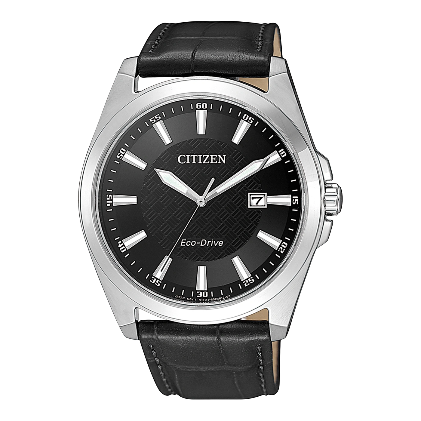 Citizen horloge met zwarte wijzerplaat, leren band en datumweergave.