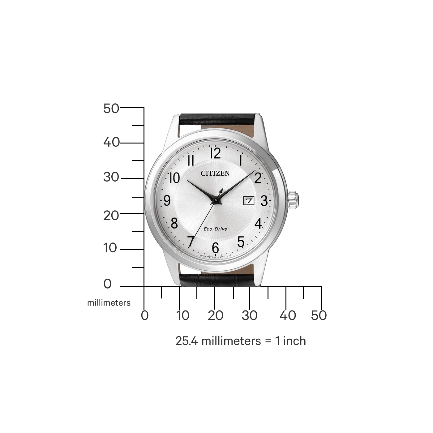 Citizen horloge met zilveren wijzerplaat, zwarte leren band en Eco-Drive technologie.