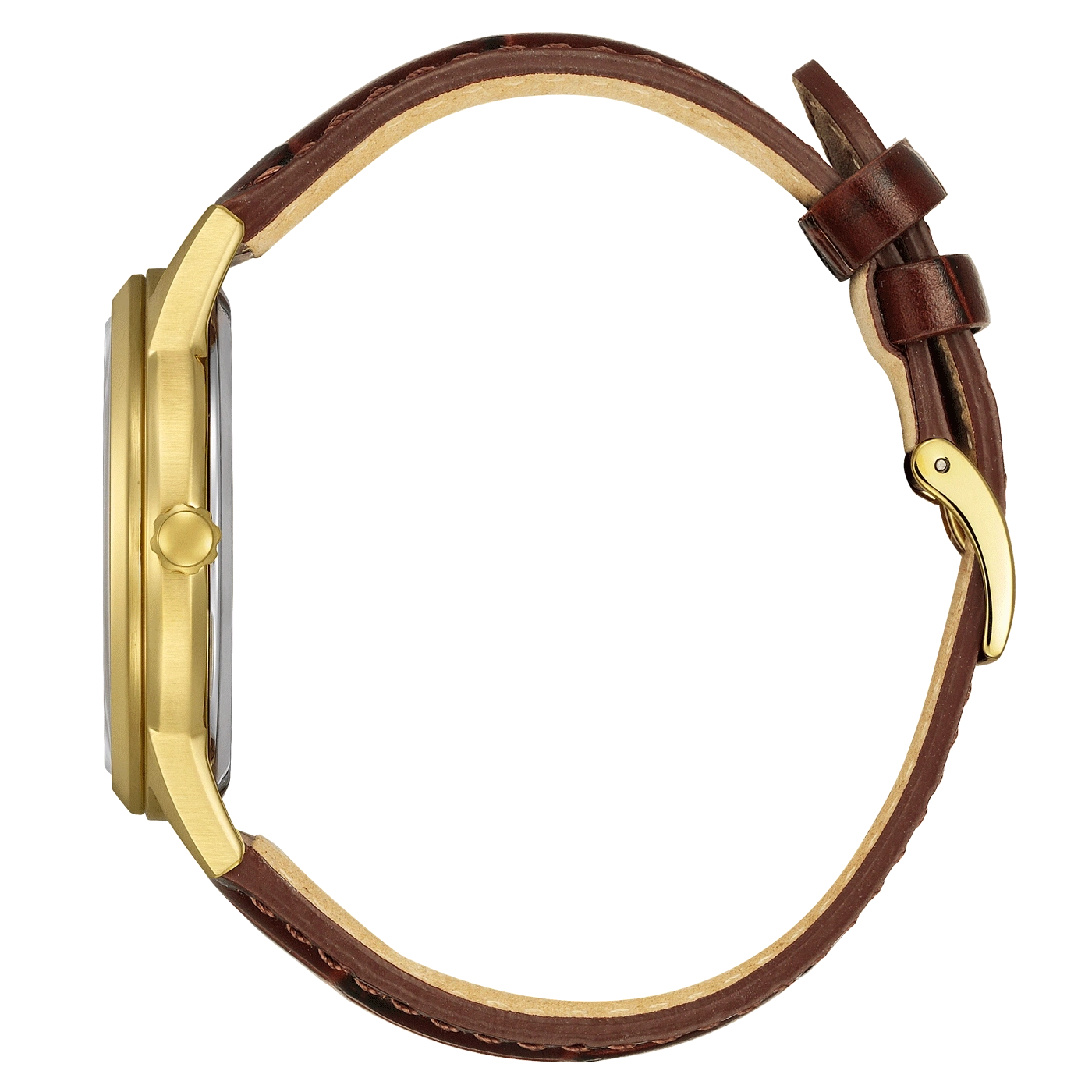 Gouden horloge met bruin lederen bandje, zijaanzicht, elegant design.