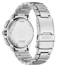 Achterkant van een zilveren Citizen Eco-Drive horloge