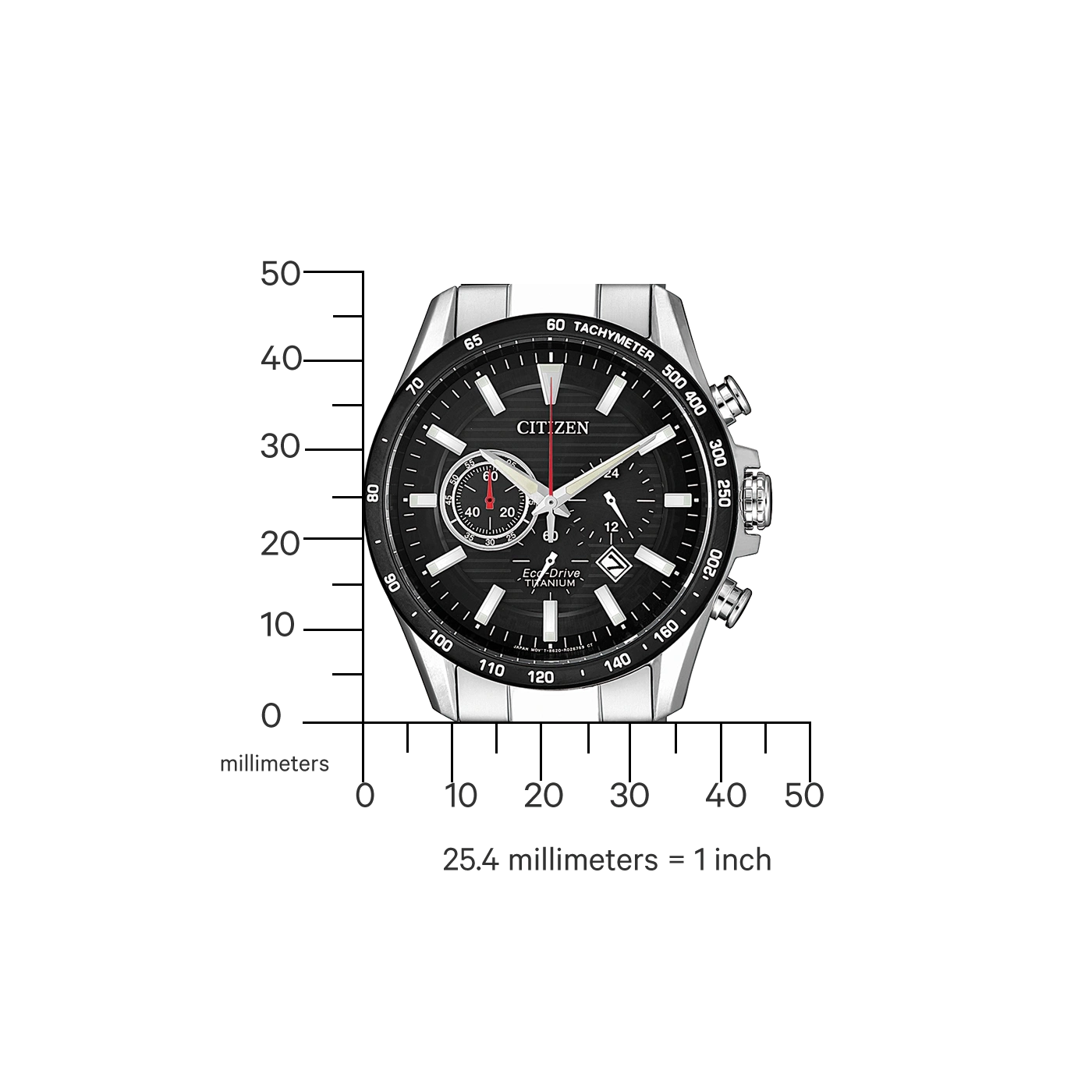 Citizen horloge met zwarte wijzerplaat, titanium en tachymeter markeringen.